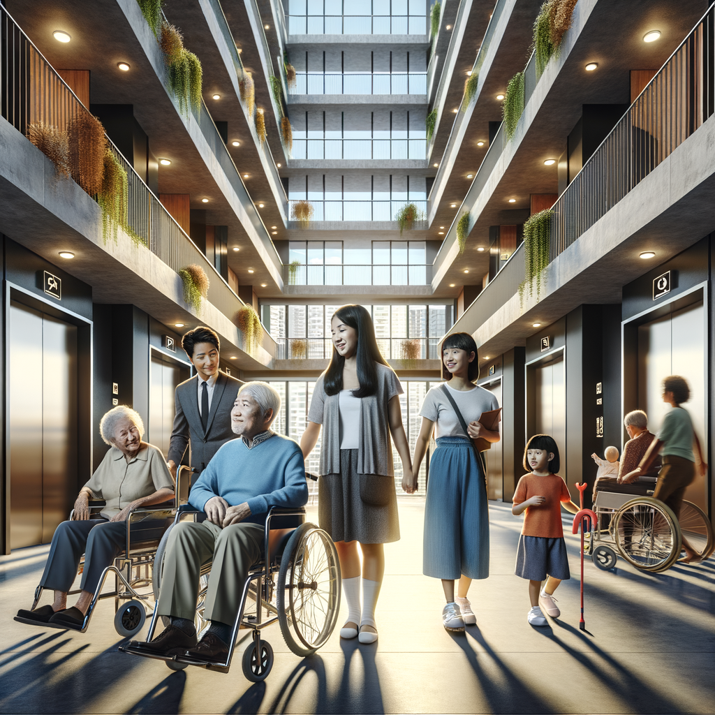 An image of a modern condominium showcasing inclusive design; access ramps seamlessly built into the architecture, elevators equipped with tactile signs for visually impaired individuals. Capture residents of varying ages, abilities, and descents. Show an East Asian elderly man in wheelchair, a younger South Asian woman assisting him, a Middle-Eastern child playing in the space, and a Caucasian woman using crutches. Imagine a setting where they exist harmoniously, echoing a sense of inclusivity and well-being within the community. Light should be bright and daylight-like, colors vibrant; reflect an approach typical of contemporary architectural photography.