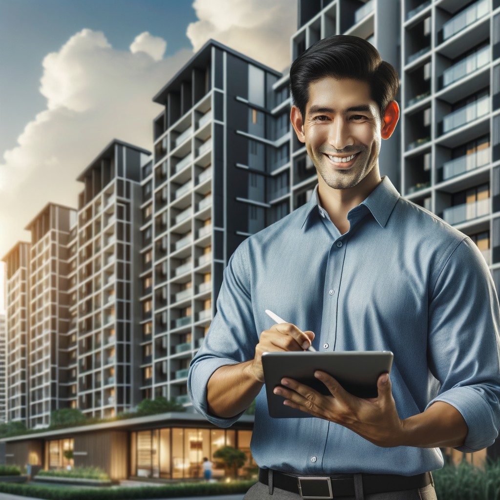 An efficient and confident condominium manager, who is of South Asian descent and identifies as male, actively using a condominium management application on a sleek modern tablet. Behind him, there's a glimpse of a well-maintained condominium building. The building is outfitted with top-tier security measures and showcases many modern amenities. The scene echoes positivity, emphasizing the convenience and efficiency of using the advanced app for managing the condominium. The placement of the manager and the building suggests a harmonious balance between personable management and high-quality living standards.