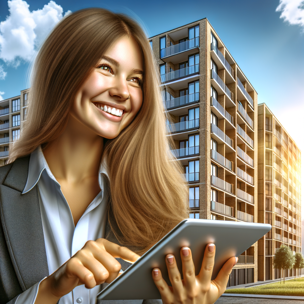 Generate a photo-realistic image depicting a cheerful Caucasian female condominium manager engaging with a condominium management app on her tablet. She is situated in front of a sleek, modern apartment building. The background displays an inviting sunny sky, emphasizing the joyful atmosphere of the scene.