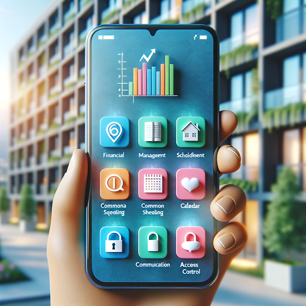A vibrant and inviting close-up in a realistic style of a smartphone displaying the interface of a residential building management app. The screen should present intuitive icons for key functionalities: financial management (bar chart), common area scheduling (calendar), communication (speech balloon), and access control (open padlock). In the blurred background, there should be part of a modern residential building facade. The main focus is on the clarity and usability of the management app, conveying the idea of organization, convenience, and control in building administration. Soft lighting and cheerful colors should be used to create a sense of modernity and efficiency.