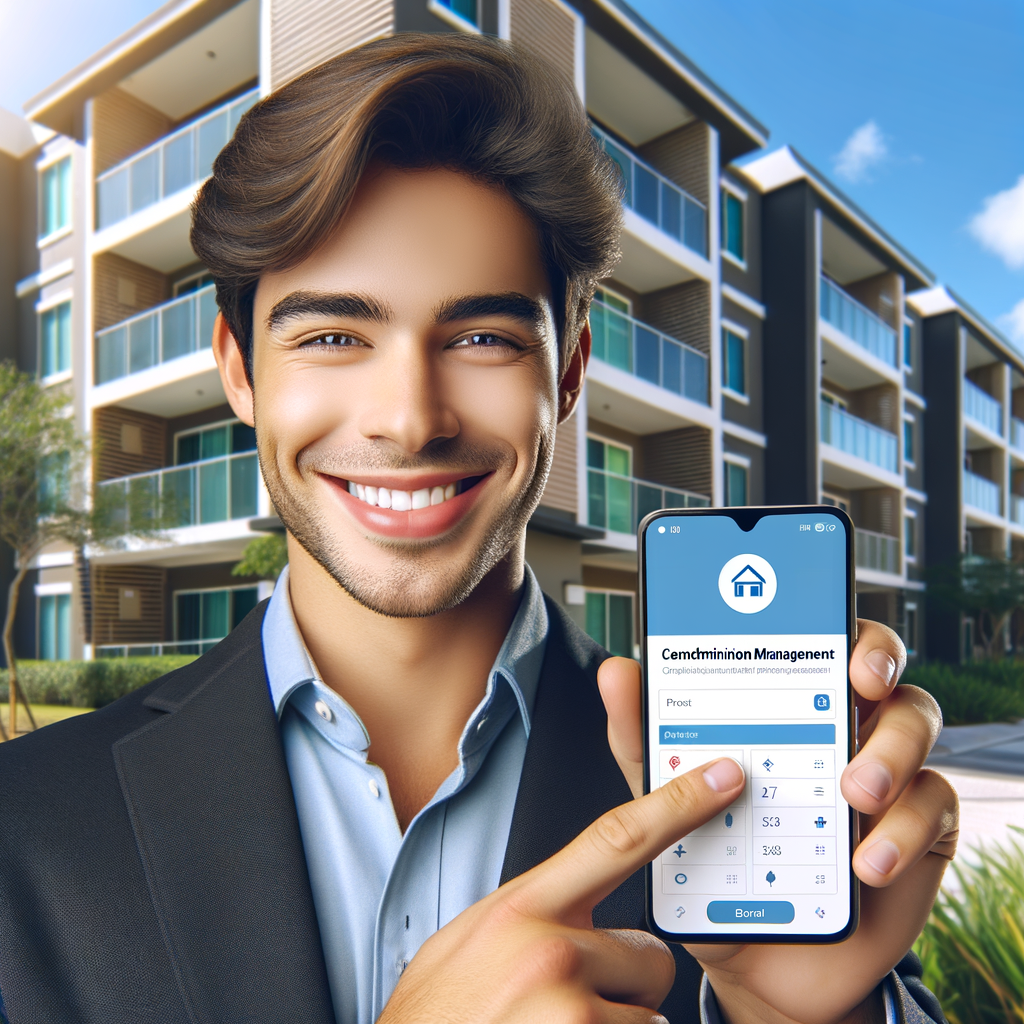 The photograph should depict a modern, smiling property manager of Hispanic descent, with a focus on a smartphone displaying the interface of a condominium management application. The background should showcase a modern, well-maintained condominium on a sunny day, conveying a feeling of organization and well-being. The composition should be balanced, with vibrant colors and natural lighting, highlighting the convenience and efficiency of the application in condominium management.