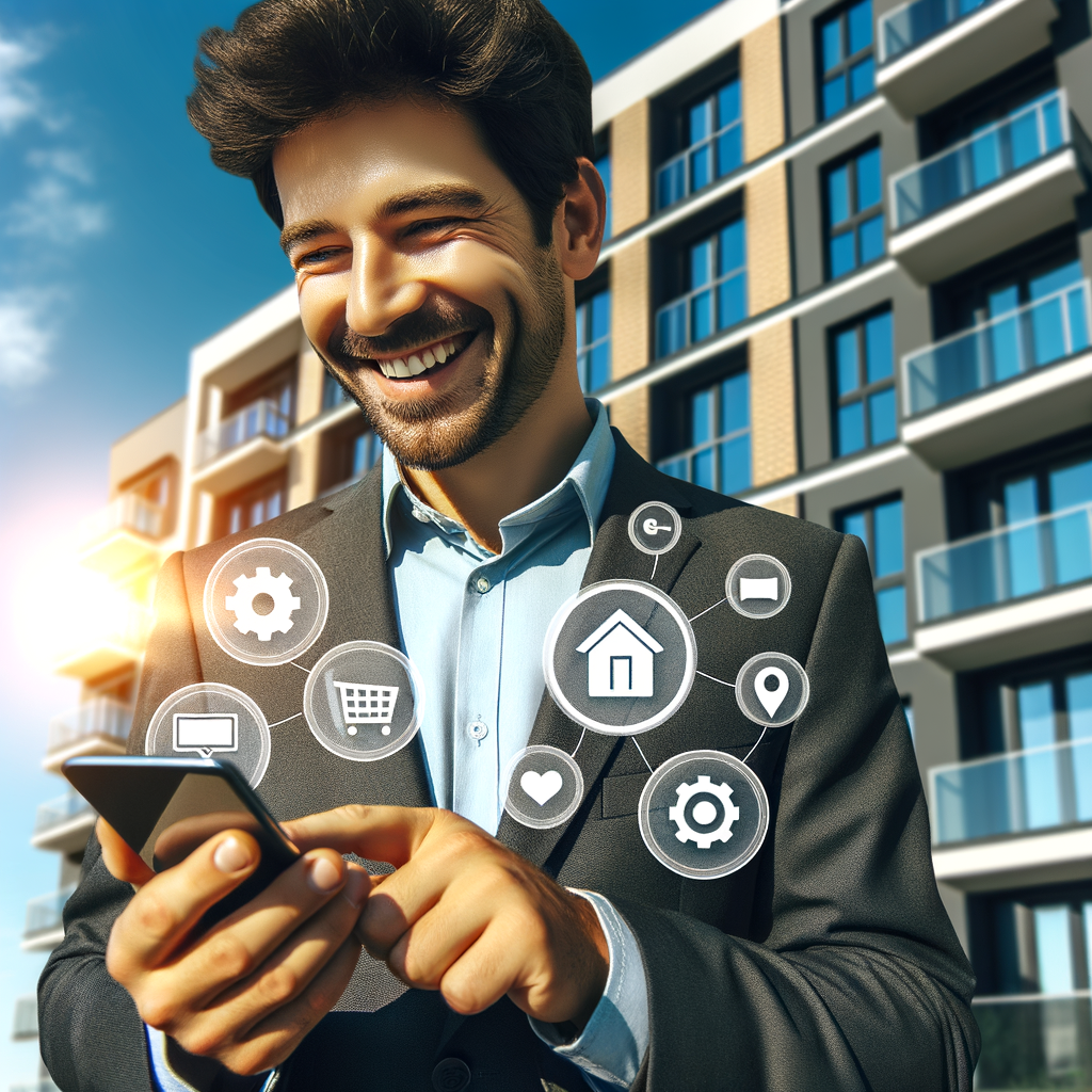 A cheerful building manager, of Hispanic descent, is using a property management app on his mobile phone, with a modern apartment building in the background. The image should convey trust, technology, and efficiency. The sky should be sunny, transmitting optimism.