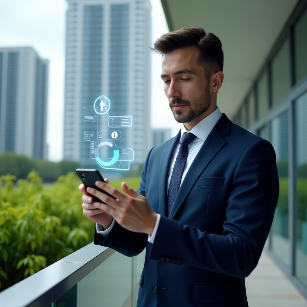 (Ultra-realistic condominium manager in a navy blue executive suit, set in a modern luxury condominium environment with high-rise buildings and lush green landscaping, holding a smartphone and interacting with a floating holographic interface displaying access control icons, financial charts and chat bubbles, confident and focused expression, cinematic lighting, shallow depth of field, highly detailed textures, realistic skin, photographic realism, 8k resolution --ar 1:1 --v 6)