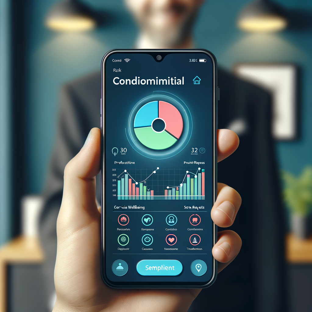 Generate an image of a sleek, contemporary smartphone featuring a brightly coloured display of a condominium management application. The screen should illustrate a straightforward dashboard filled with appealing graphs indicating important condominium aspects such as financial well-being, service requests, and tenant interactions. In the blurred background, include a cheerful property manager of unspecified gender, hinting at their delight with the app's simplicity and functionality. The scene should carry a neat, businesslike, and welcoming aura while underlining the practicality and advantages of employing a condominium management mobile app. The artistic focus should be on the aspects of productivity, up-to-dateness, and ease-of-use.