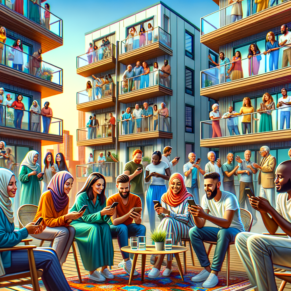 Imagine a contemporary and vibrant scene of a condominium where neighbors of diverse descents and genders are interacting amicably. They are all using an app on their cellphones to address everyday issues. Highlight the harmony in their interactions and the convenience offered by technology. The scene depicts a multicultural neighborhood engaging in peaceful dialogue, including individuals of Caucasian, Hispanic, Black, Middle-Eastern, South Asian, and East Asian descent both male and female. The vibrancy of their interaction, their modern surroundings, and their use of technology should be pronounced.
