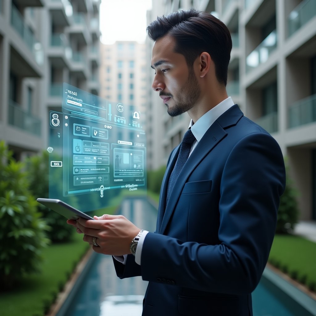 (Ultra-realistic condominium manager in a tailored navy-blue executive suit, set in a modern luxury condominium environment with high-rise buildings and lush green landscaping, confidently interacting with a holographic dashboard of building automation above a sleek tablet, floating icons for lighting, climate control and security systems, cinematic lighting, shallow depth of field, highly detailed textures, realistic skin, photographic realism, 8k resolution --ar 1:1 --v 6)