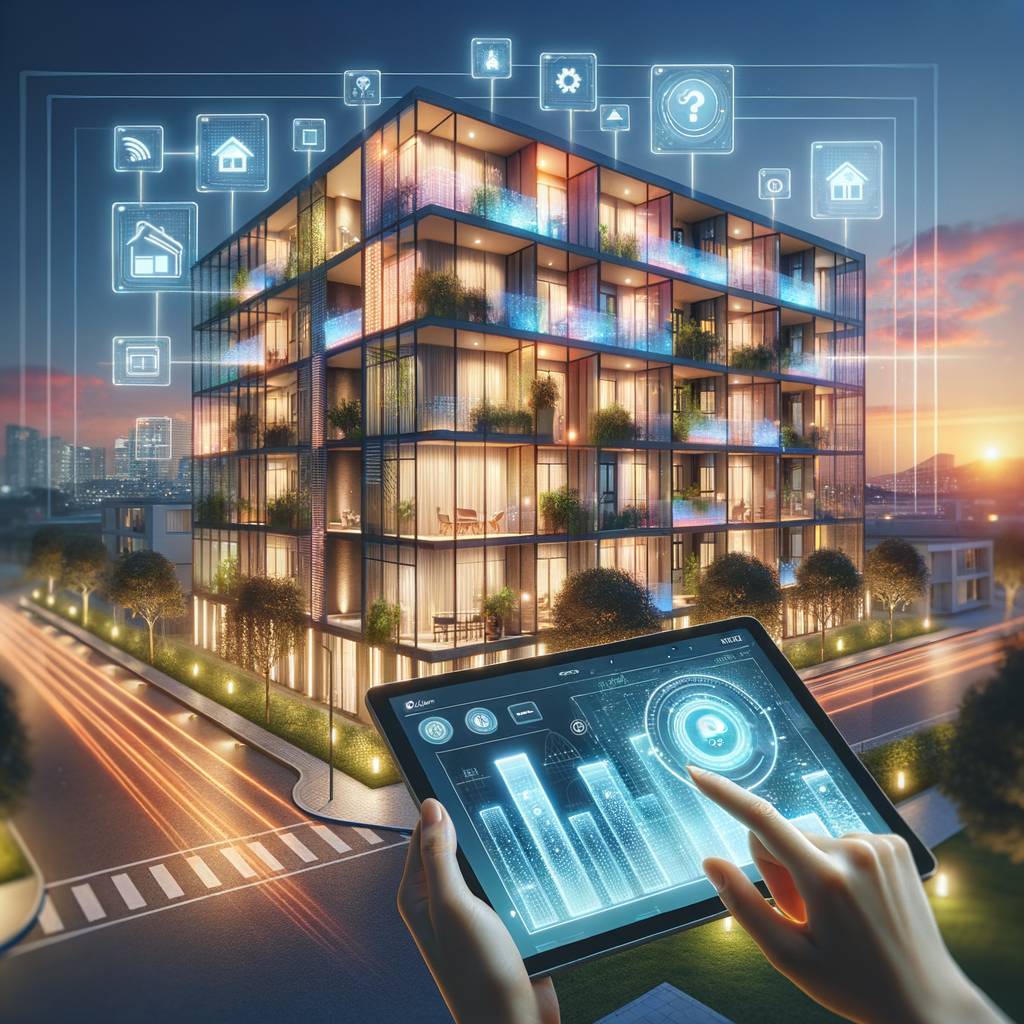 Create a futuristic and inviting exterior of an apartment building during the beautiful twilight. The building should feature intelligent lighting that emphasizes its cutting-edge architecture. There should be a transparent interface overlay that displays real-time data visualizations representing the energy consumption and performance of the building, increasing the focus on sustainability. A human hand of any descent and gender is seen interacting with a tablet that exhibits a generic building management software interface, demonstrating the ease of accessing various building management features. The architecture should have clean lines, vibrant colors, and project a sense of technological advancement. The entire image should exude optimism and underline the advantages of smart automation in community living.