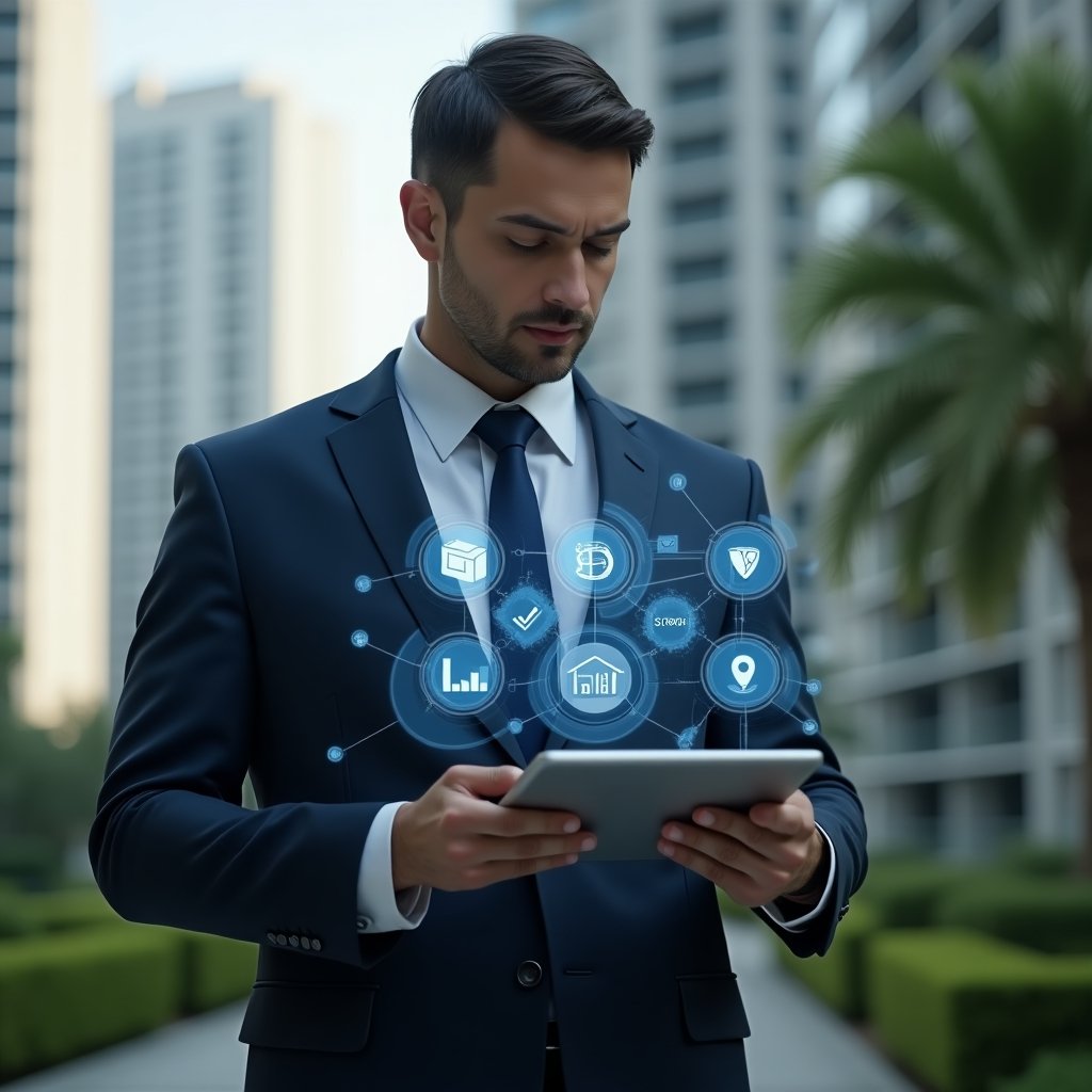 (Ultra-realistic condominium manager in a navy executive suit, set in a modern luxury condominium environment with high-rise buildings and lush green landscaping, holding a tablet displaying floating holographic icons of maintenance checklists, financial charts and security shields, analyzing data with a confident, focused expression, cinematic lighting, shallow depth of field, highly detailed textures, realistic skin, photographic realism, 8k resolution --ar 1:1 --v 6)