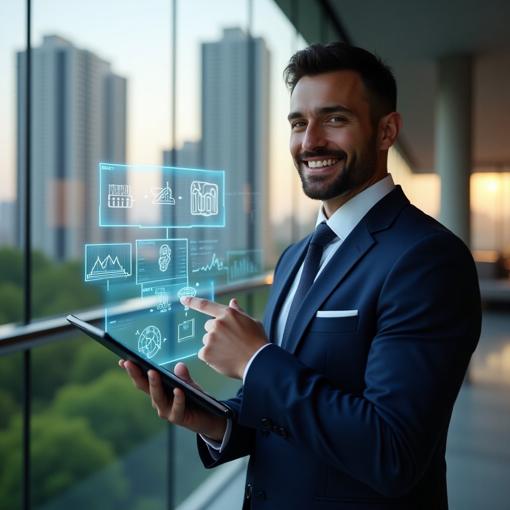 Ultra-realistic condominium manager in a tailored navy suit, set in a modern luxury condominium environment with high-rise buildings and green landscaping, holding a tablet displaying a holographic dashboard of strategic leadership and financial charts, smiling confidently while pointing at digital icons representing communication and sustainability, cinematic lighting, shallow depth of field, highly detailed textures, realistic skin, photographic realism, 8k resolution --ar 1:1 --v 6