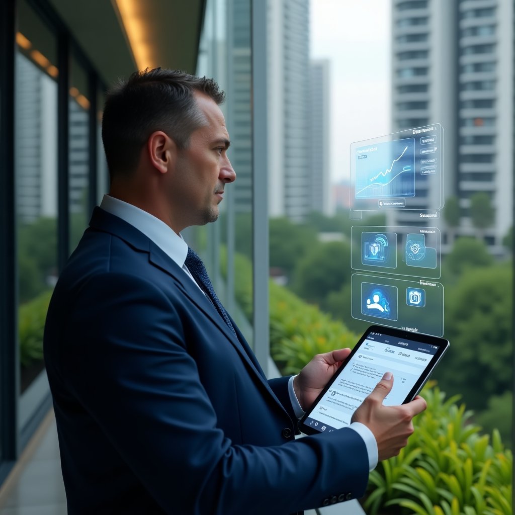Ultra-realistic condominium manager in a navy blue suit, set in a modern luxury condominium environment with high-rise buildings and lush green landscaping, reviewing a holographic interface displaying financial graphs, security camera icons, chat bubbles and reservation calendar overlays, confident and focused expression, cinematic lighting, shallow depth of field, highly detailed textures, realistic skin, photographic realism, 8k resolution --ar 1:1 --v 6