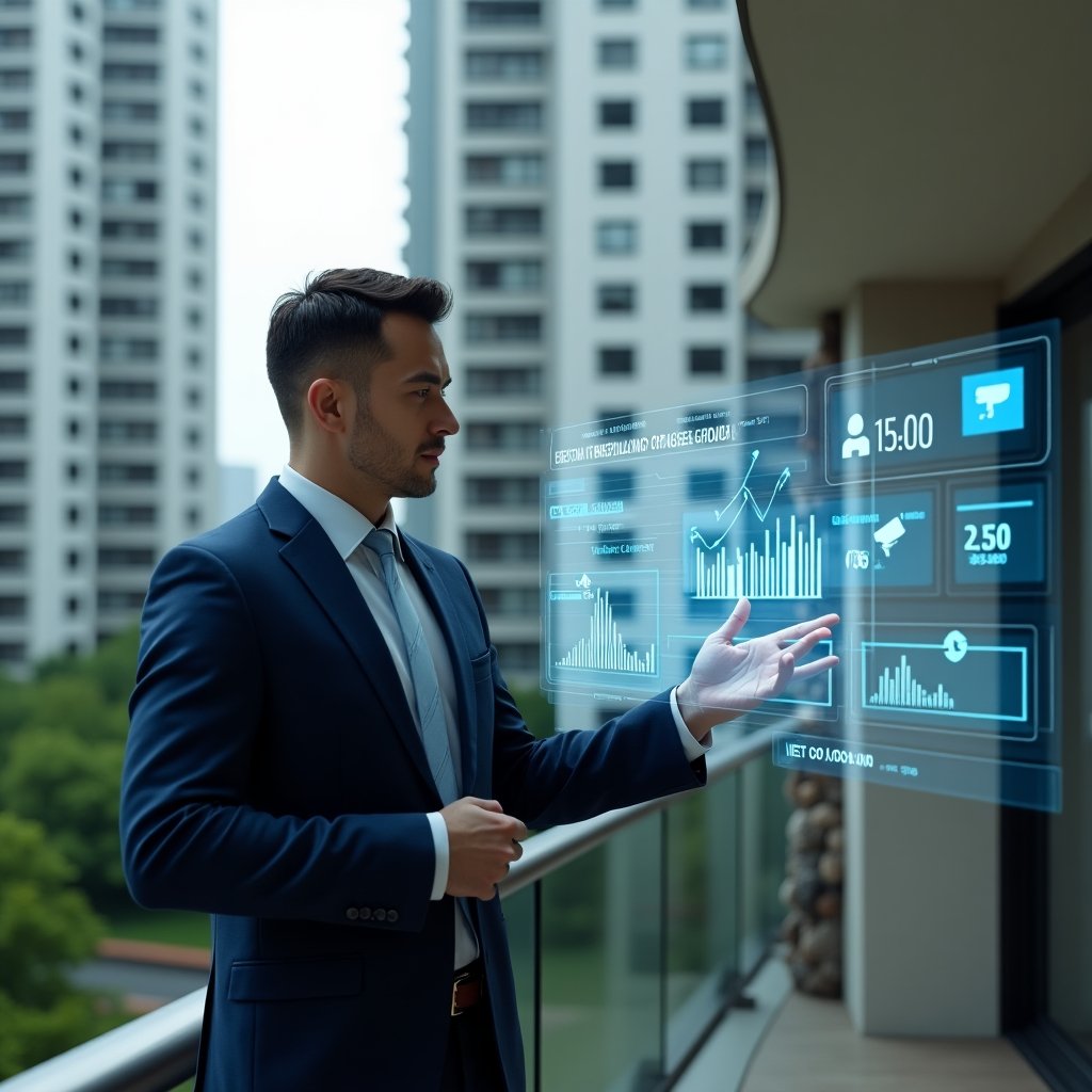 (Ultra-realistic condominium manager in a navy blue suit, set in a modern luxury condominium environment with high-rise buildings and lush green landscaping, confidently interacting with a floating holographic dashboard displaying security camera feeds and financial graphs, holographic CCTV and budget icons surrounding them, cinematic lighting, shallow depth of field, highly detailed textures, realistic skin, photographic realism, 8k resolution --ar 1:1 --v 6)