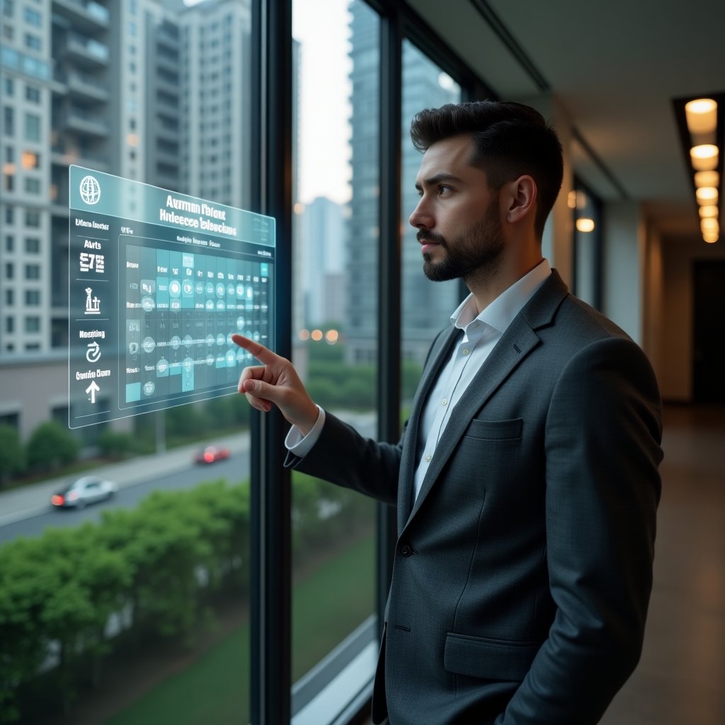 Ultra-realistic condominium manager in a tailored charcoal-gray suit, set in a modern luxury condominium environment with high-rise buildings and green landscaping, pointing at a floating holographic activity calendar with icons for maintenance, meetings, and alerts, confident and thoughtful expression, cinematic lighting, shallow depth of field, highly detailed textures, realistic skin, photographic realism, 8k resolution --ar 1:1 --v 6