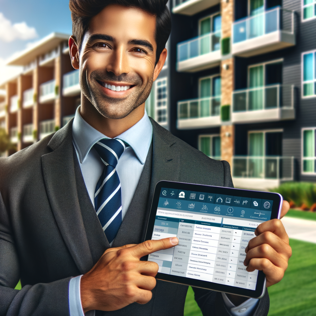A confident, smiling building manager of Hispanic descent, using a modern tablet. On the tablet's screen, there is a detailed and visually appealing schedule of condominium activities displayed. The background setting showcases a sunny, well-maintainded condominium with green areas. The overall composition should convey organization, efficiency, and a pleasant environment with vibrant colors and clean design.
