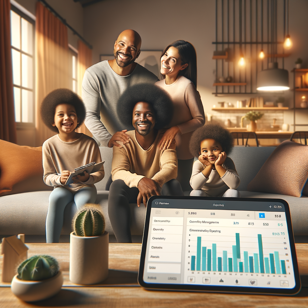 A cozy, modern apartment with a mixed-race family of four, including a Caucasian father, Black mother, Hispanic daughter, and South Asian son, all grinning joyously in the living room. In the foreground, a tablet displays user-friendly interface of a condominium management application, showing graphs of ordinary and extraordinary expenses. The image features warm colors and soft lighting to convey feelings of organization, control, and wellbeing provided by efficient and transparent financial management. The style should be realistic and inspiring, emphasizing the practicality and benefits of a good condominium management software.