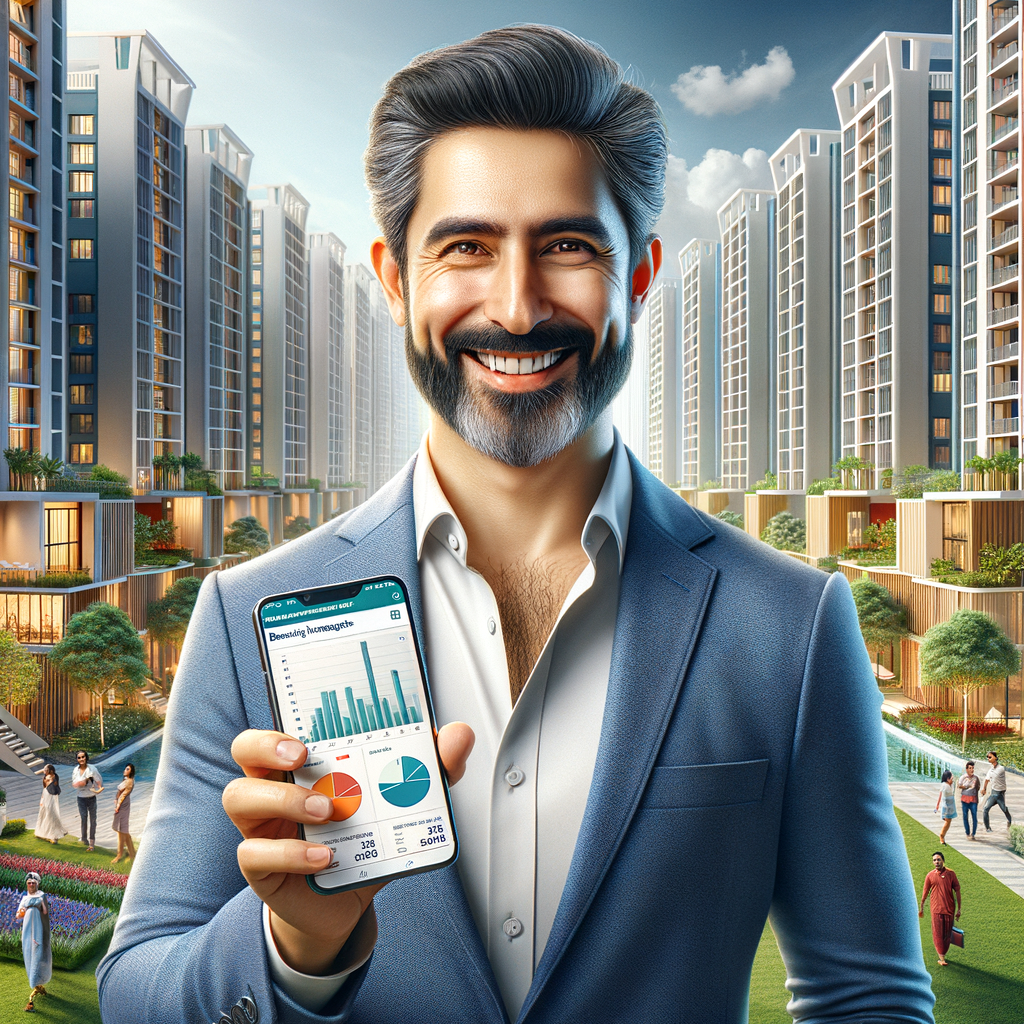 A Middle-Eastern building manager standing confidently, brandishing a hearty smile as he holds a smartphone with a 'housing society management' app open on the screen. The app displays financial information and graphs related to the condominium. In the backdrop, a modish condominium bustles with energy, with green spaces and individuals of mixed descents interacting. The image should exude a sense of efficiency, organization, and well-being. Rendered in a realistic style, the picture should have vibrant colors and soft lighting with the emphasis on the smartphone's screen and the manager's face. The manager looks experienced and confident.