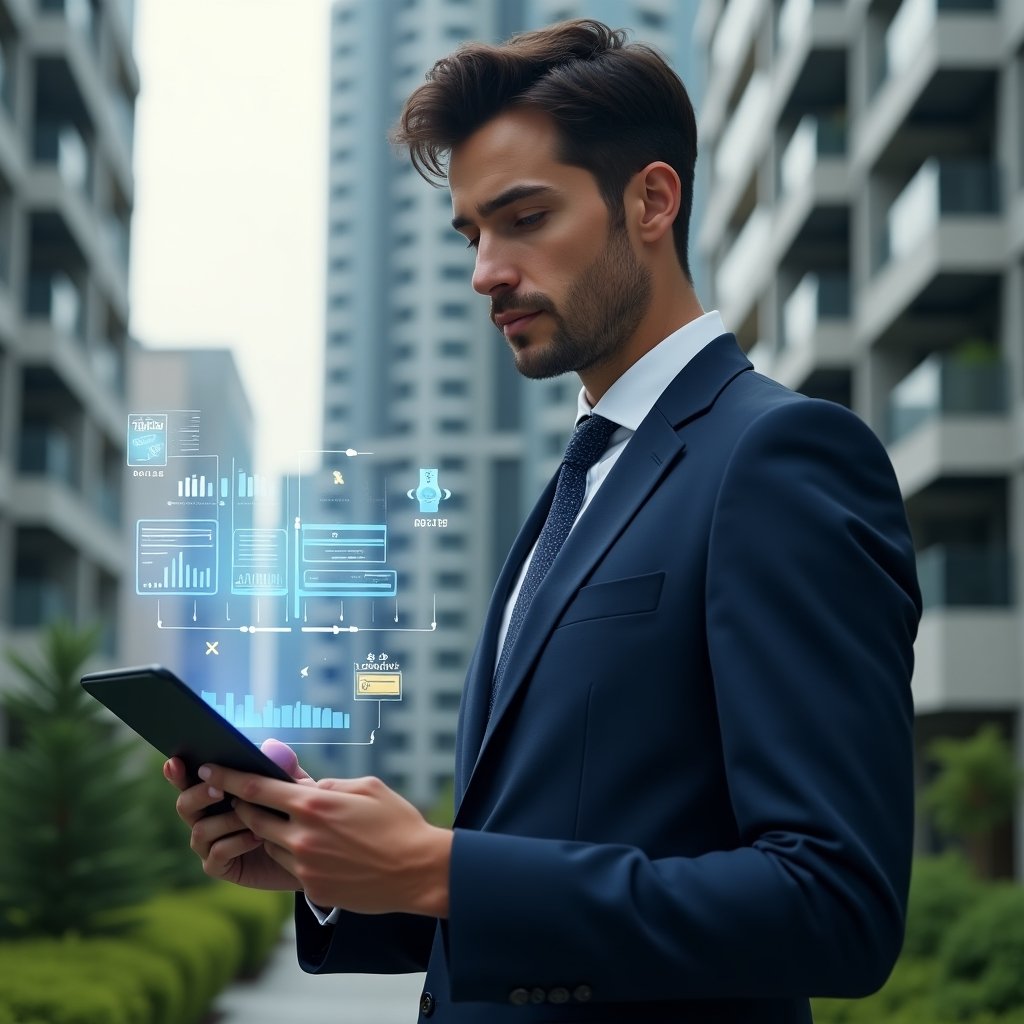 Ultra-realistic condominium manager in a navy suit, set in a modern luxury condominium environment with high-rise buildings and green landscaping, holding a tablet and interacting with a holographic interface displaying budget charts and maintenance schedules, floating icons of communication, finance and calendar, confident and focused expression, cinematic lighting, shallow depth of field, highly detailed textures, realistic skin, photographic realism, 8k resolution --ar 1:1 --v 6