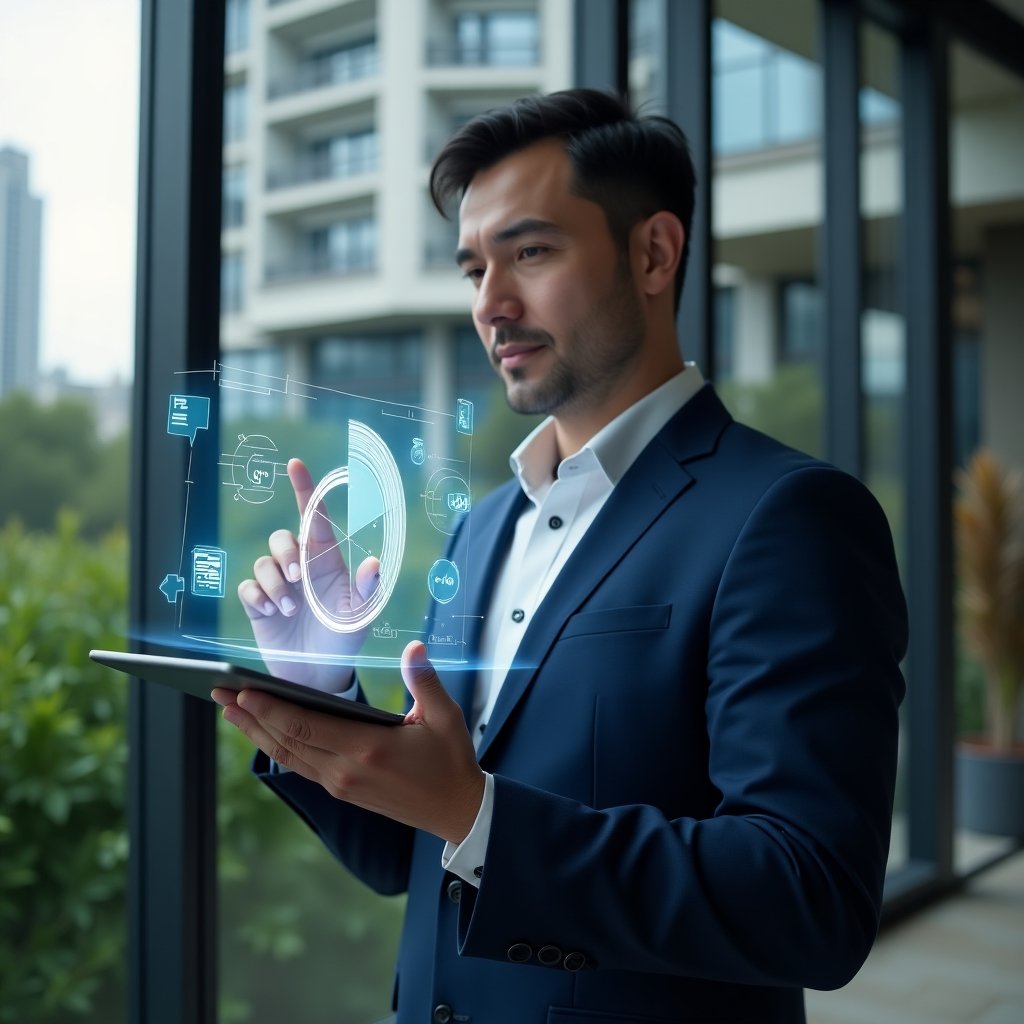 (Ultra-realistic condominium manager in a navy blue suit, set in a modern luxury condominium environment with high-rise buildings and green landscaping, confidently pointing at a holographic pie chart illustrating ideal fractions above a tablet, floating icons of digital reports and transparency symbols around, cinematic lighting, shallow depth of field, highly detailed textures, realistic skin, photographic realism, 8k resolution --ar 1:1 --v 6)