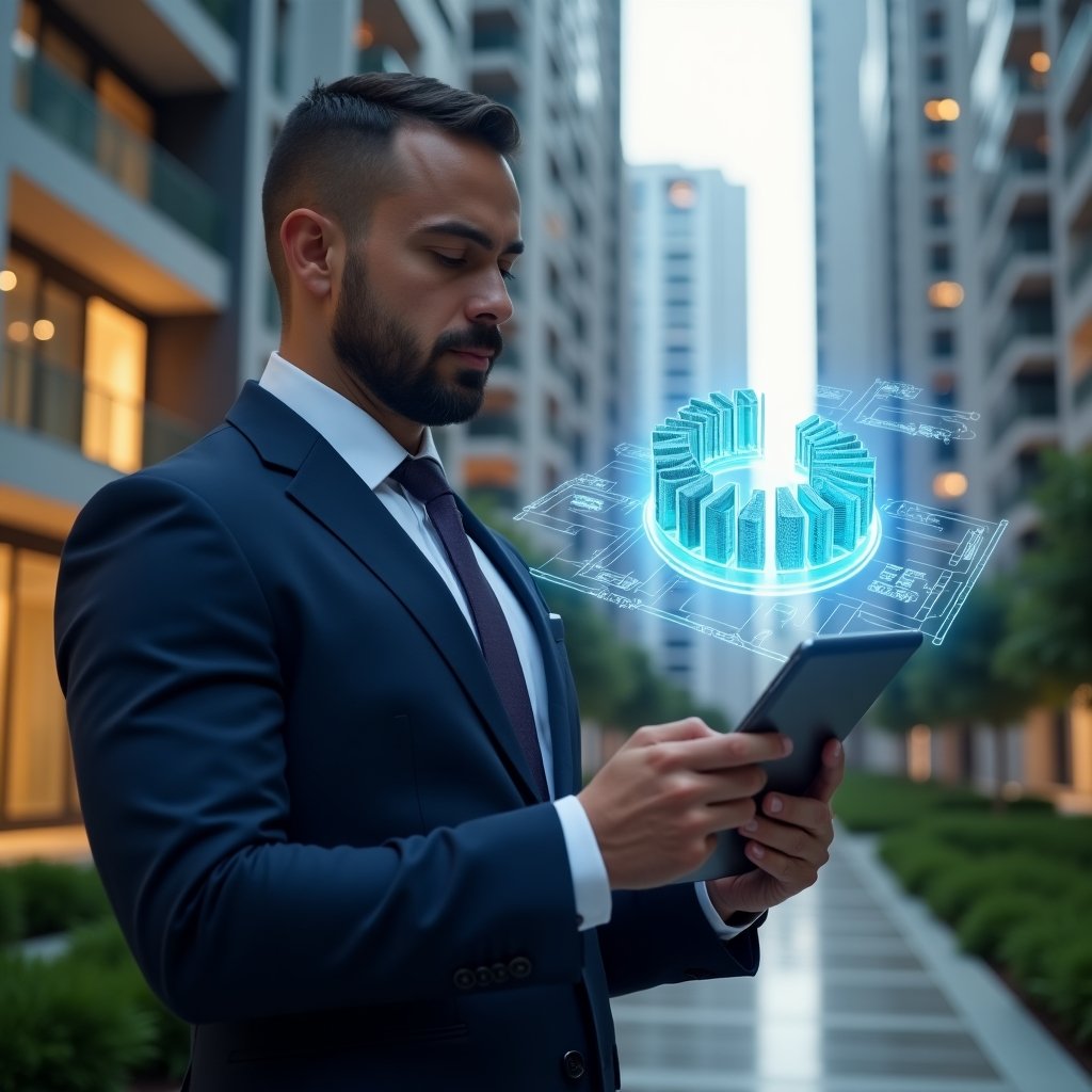 (Ultra-realistic condominium manager in a navy suit, set in a modern luxury condominium environment with high-rise buildings and well-manicured greenery, examining a glowing holographic pie chart of “fração ideal” projected from a tablet, holographic building blueprint overlays symbolizing cost allocation, confident and focused expression, cinematic lighting, shallow depth of field, highly detailed textures, realistic skin, photographic realism, 8k resolution --ar 1:1 --v 6)