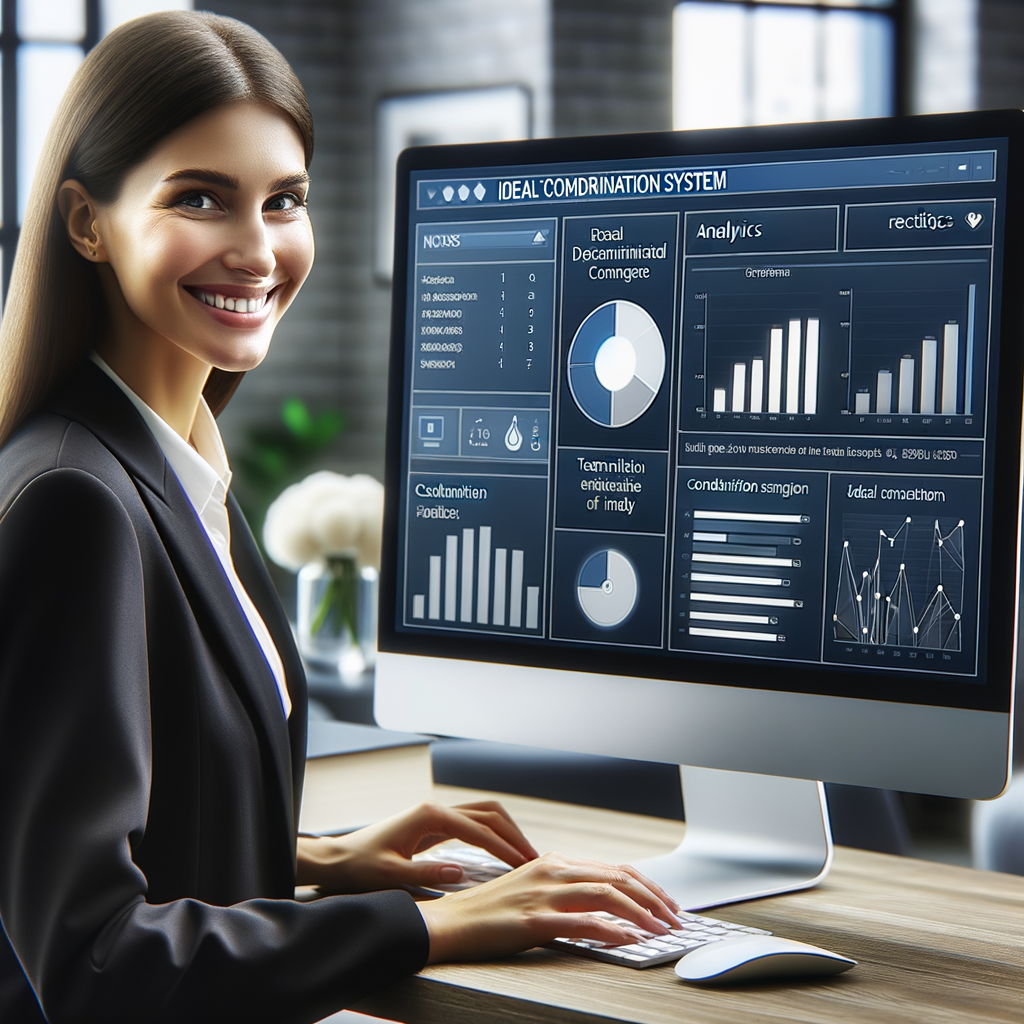 Generate an image of a professional, trustworthy and technology-oriented scene. Specifically, a Caucasian female condominium manager with a jovial expression scanning a computer screen that exhibits a condominium management system. The screen should present multiple charts, analytics, and information related to ideal fractions. The surroundings should be modern and complement her profession.