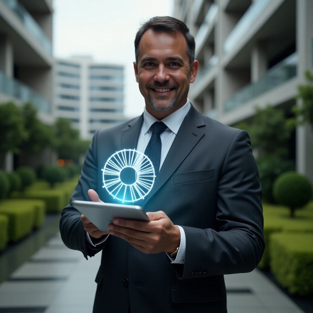 (Ultra-realistic condo manager in a dark gray suit, set in a modern luxury condominium environment with high-rise buildings and meticulously landscaped greenery, mid shot close-up focusing on the manager confidently holding a transparent tablet displaying a holographic pie chart of unit fractions and a floating insurance shield icon symbolizing coverage, cinematic lighting, shallow depth of field, highly detailed textures, realistic skin, photographic realism, 8k resolution --ar 1:1 --v 6)