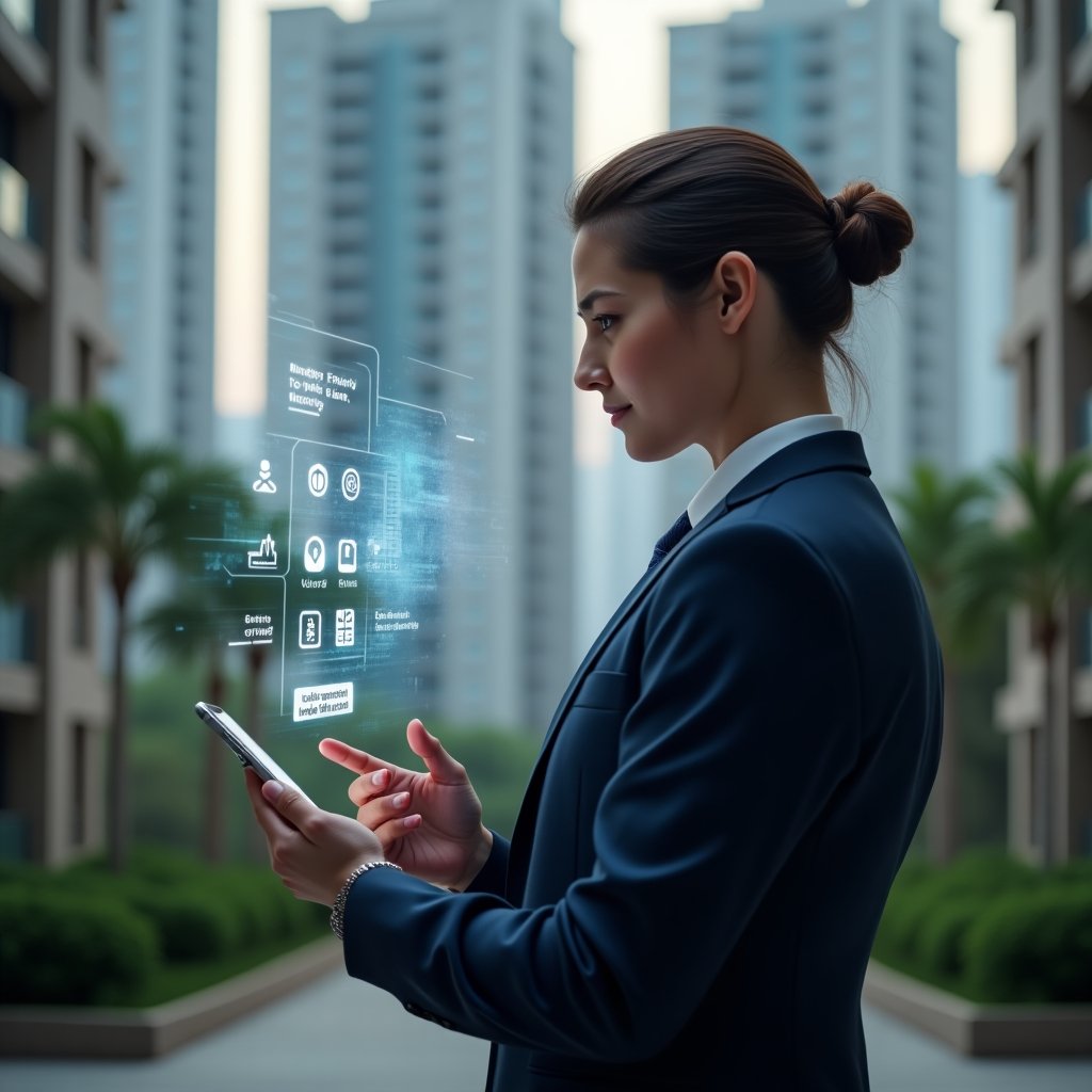 (Ultra-realistic condominium property manager in a sleek navy suit, set in a modern luxury condominium environment with high-rise buildings and manicured greenery, holding a smartphone with floating holographic icons for reservations, billing, chat, and access control, confidently interacting with the interface, cinematic lighting, shallow depth of field, highly detailed textures, realistic skin, photographic realism, 8k resolution --ar 1:1 --v 6)