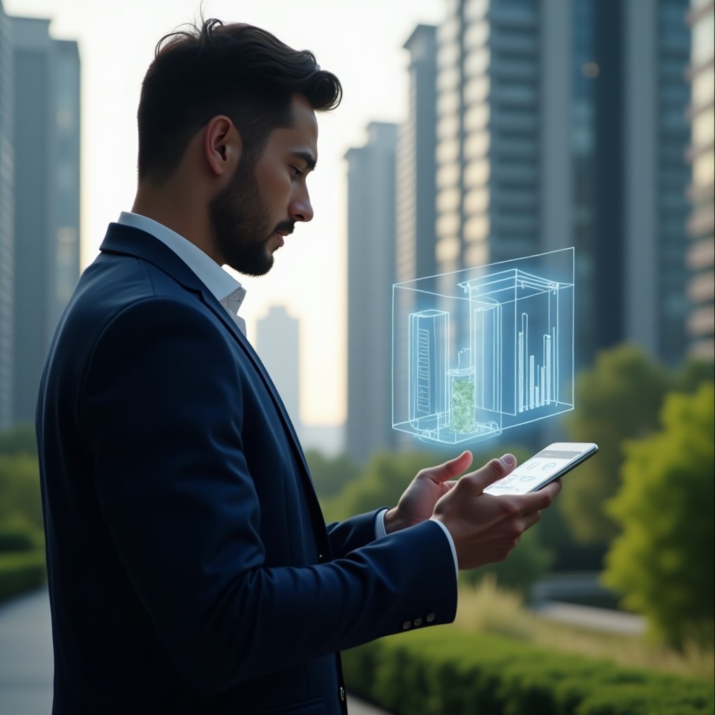 Ultra-realistic condominium manager in a navy blue suit, set in a modern luxury condominium environment with high-rise buildings and green landscaping, inspecting a digital tablet displaying elevator energy metrics, with a holographic elevator icon and energy savings graph floating beside them, cinematic lighting, shallow depth of field, highly detailed textures, realistic skin, photographic realism, 8k resolution --ar 1:1 --v 6