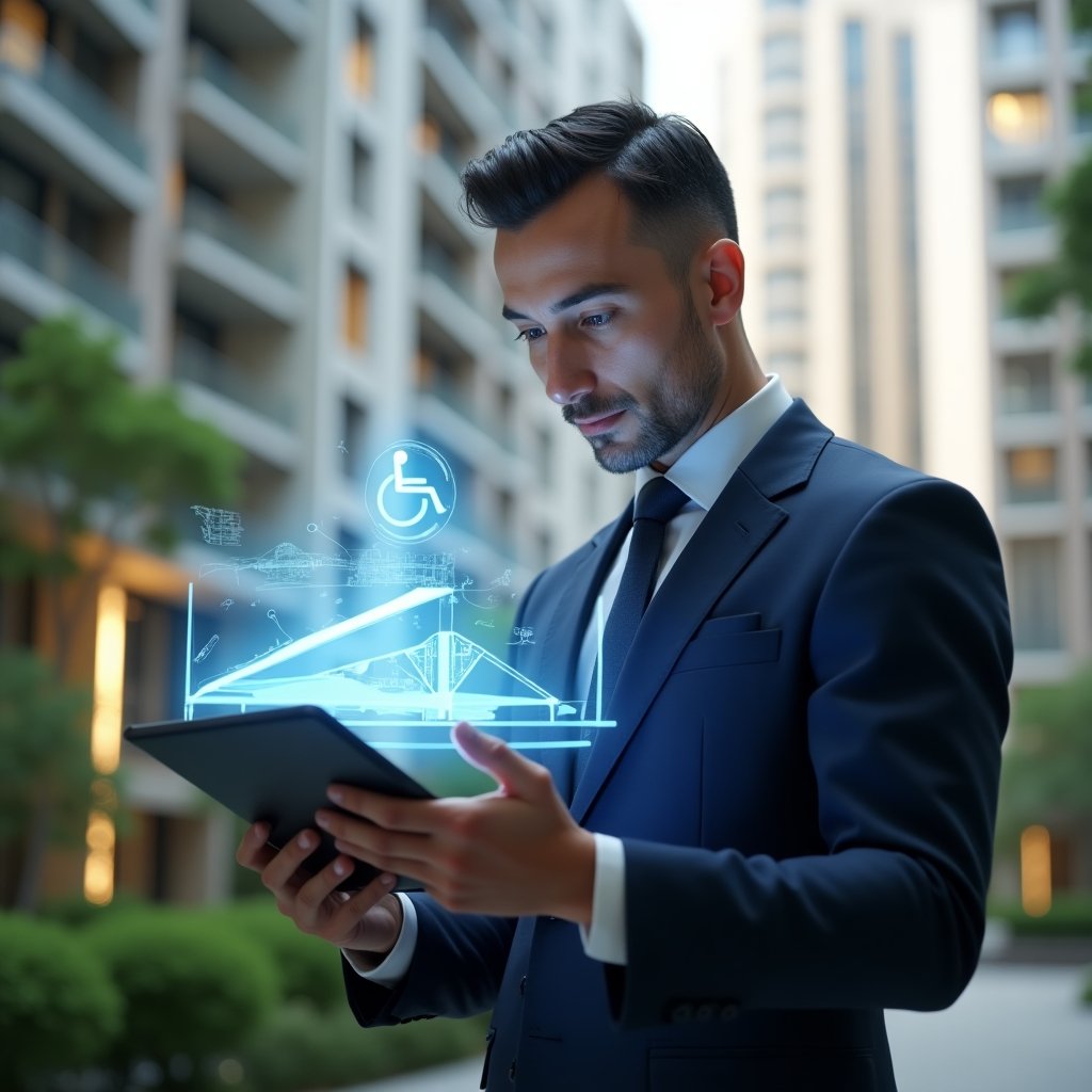 Ultra-realistic professional condominium manager in a navy executive suit, set in a modern luxury condominium environment with high-rise buildings and green landscaping, holding a tablet displaying a 3D holographic accessible ramp, examining the plans with a confident and thoughtful expression, floating wheelchair accessibility icon hologram beside them, cinematic lighting, shallow depth of field, highly detailed textures, realistic skin, photographic realism, 8k resolution --ar 1:1 --v 6