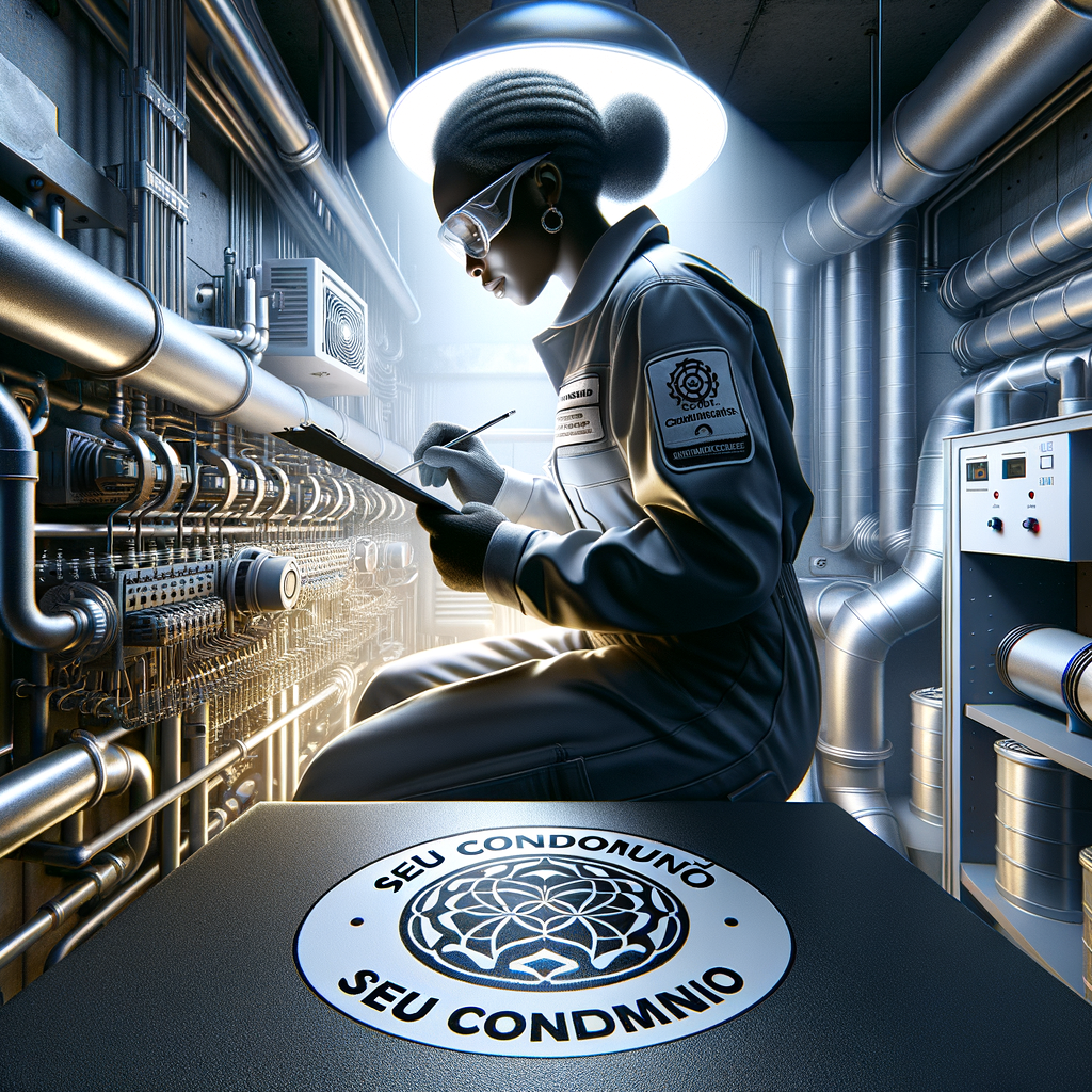 A detailed visualization of a black female technician, clad in protective safety gear, diligently inspecting equipment in a condominium's mechanical room. The room itself should appear well-maintained, hinting at the care invested in its upkeep. In the lower corner of the image, the carefully designed logo of "Seu Condomínio" is subtly present. Illumination in the scene is bright, casting a professional light onto the technician and her work. The overall ambiance of the artwork should evoke a sense of competence and an emphasis on preventative care.