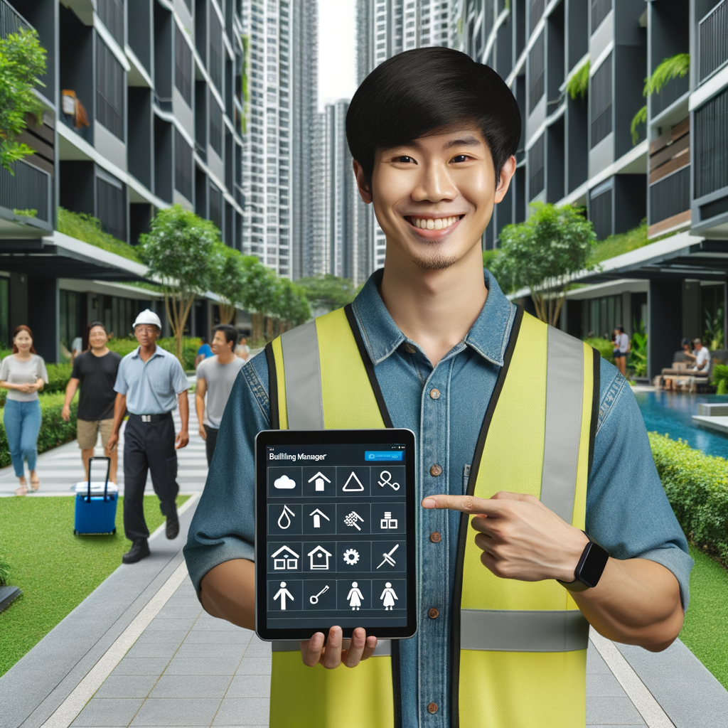 A South Asian building manager, smiling and pointing at a tablet showcasing an organized schedule of activities, with icons representing tasks such as cleaning, maintenance, and security. In the background, a modern condominium with green areas and people of varied descents like Caucasian, Black, and Hispanic walking around.