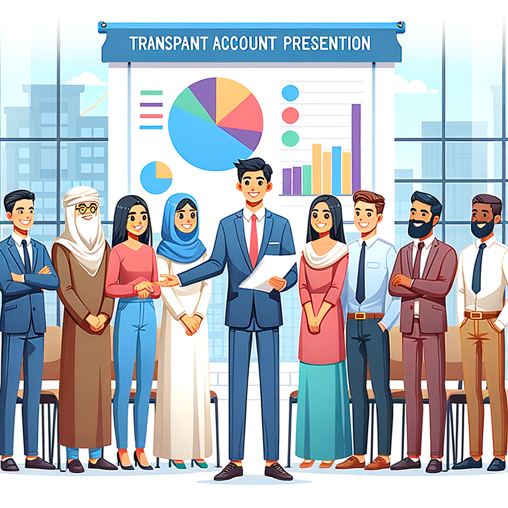 A South Asian building administrator displaying a pie chart to a group of property owners who are smiling at a building assembly. They belong to various descents such as Middle-Eastern, Caucasian, and Hispanic. The setting should be modern and bright, with a banner at the back that says 'Transparent Account Presentation'. Colors should be vibrant and cheerful for an overall aesthetically pleasing picture. The style should be that of a digital illustration.