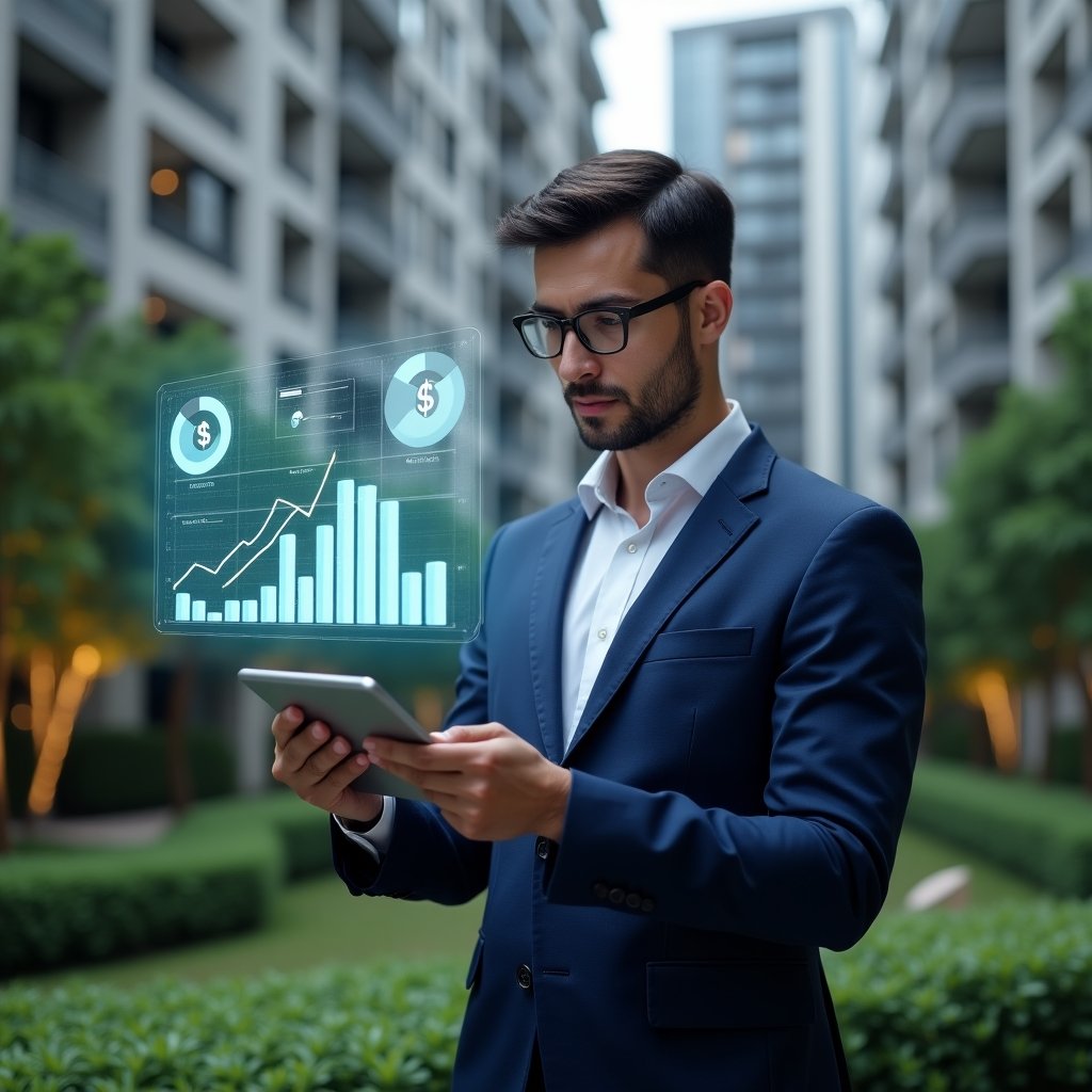 (Ultra-realistic condo manager in a navy blue tailored suit, set in a modern luxury condominium environment with high-rise buildings and lush green landscaping, medium shot, confidently reviewing a tablet displaying holographic financial charts and graphs, digital icons of pie charts and currency symbols floating beside, cinematic lighting, shallow depth of field, highly detailed textures, realistic skin, photographic realism, 8k resolution --ar 1:1 --v 6)