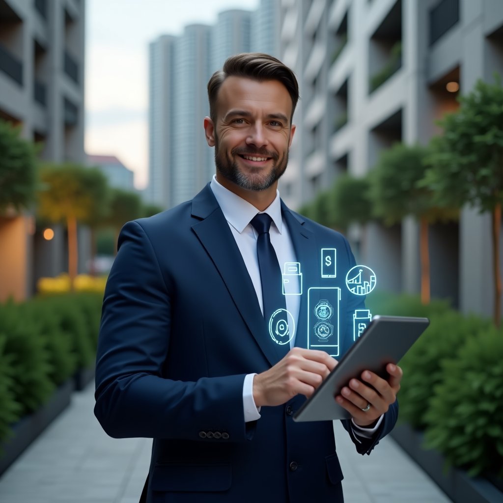 (Ultra-realistic condominium manager in a sleek navy blue suit, set in a modern luxury condominium environment with high-rise buildings and green landscaping, presenting a tablet displaying a futuristic app interface with holographic financial charts and document icons, confident and engaged expression, cinematic lighting, shallow depth of field, highly detailed textures, realistic skin, photographic realism, 8k resolution --ar 1:1 --v 6)