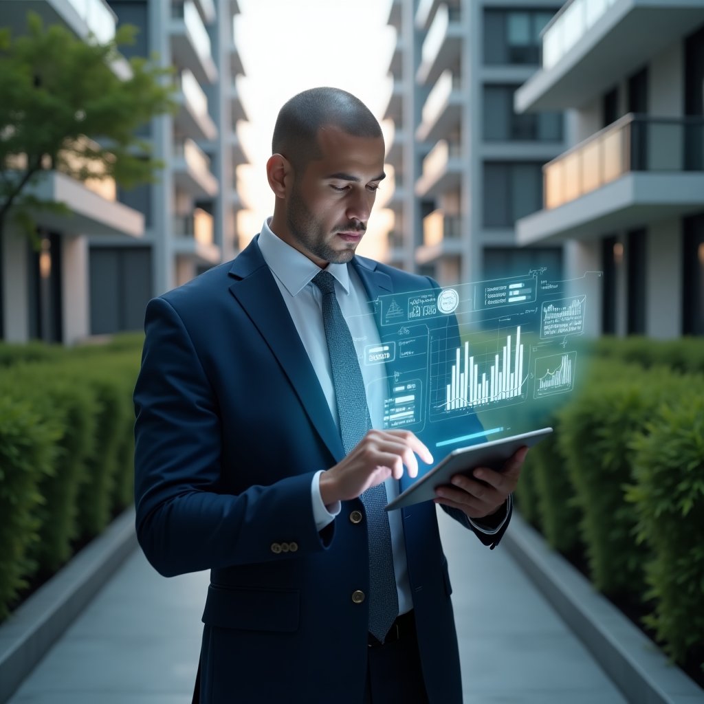 (Ultra-realistic condominium manager in a tailored navy-blue executive suit, medium shot, set in a modern luxury condominium environment with high-rise buildings and lush green landscaping, confidently analyzing a holographic financial dashboard projected from a tablet, surrounded by translucent icons of charts and money symbols, cinematic lighting, shallow depth of field, highly detailed textures, realistic skin, photographic realism, 8k resolution --ar 1:1 --v 6)