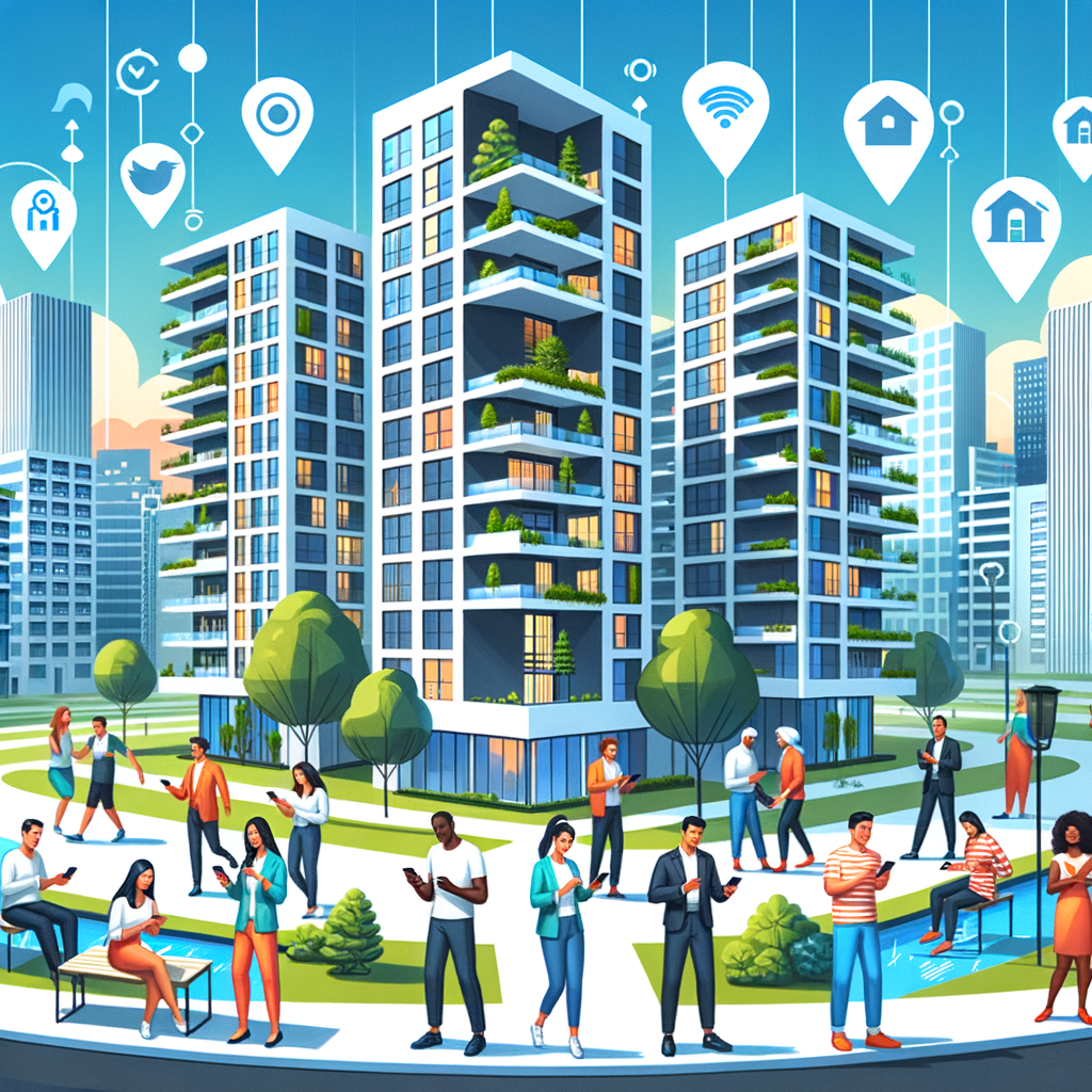 An energetic and modern condominium complete with people of different descents and genders interacting amiably and efficiently through an application on their mobile phones. The scene should evoke a sensation of convenience, security, and modernity in condominium management. It's plays host to a lively palette and a clean design. Illustrate men and women of Caucasian, Hispanic, Black, Middle-Eastern, South Asian, and White descents using the application on their phones while engaging in friendly interactions with each other in this vibrant, technologically advanced residential setting.