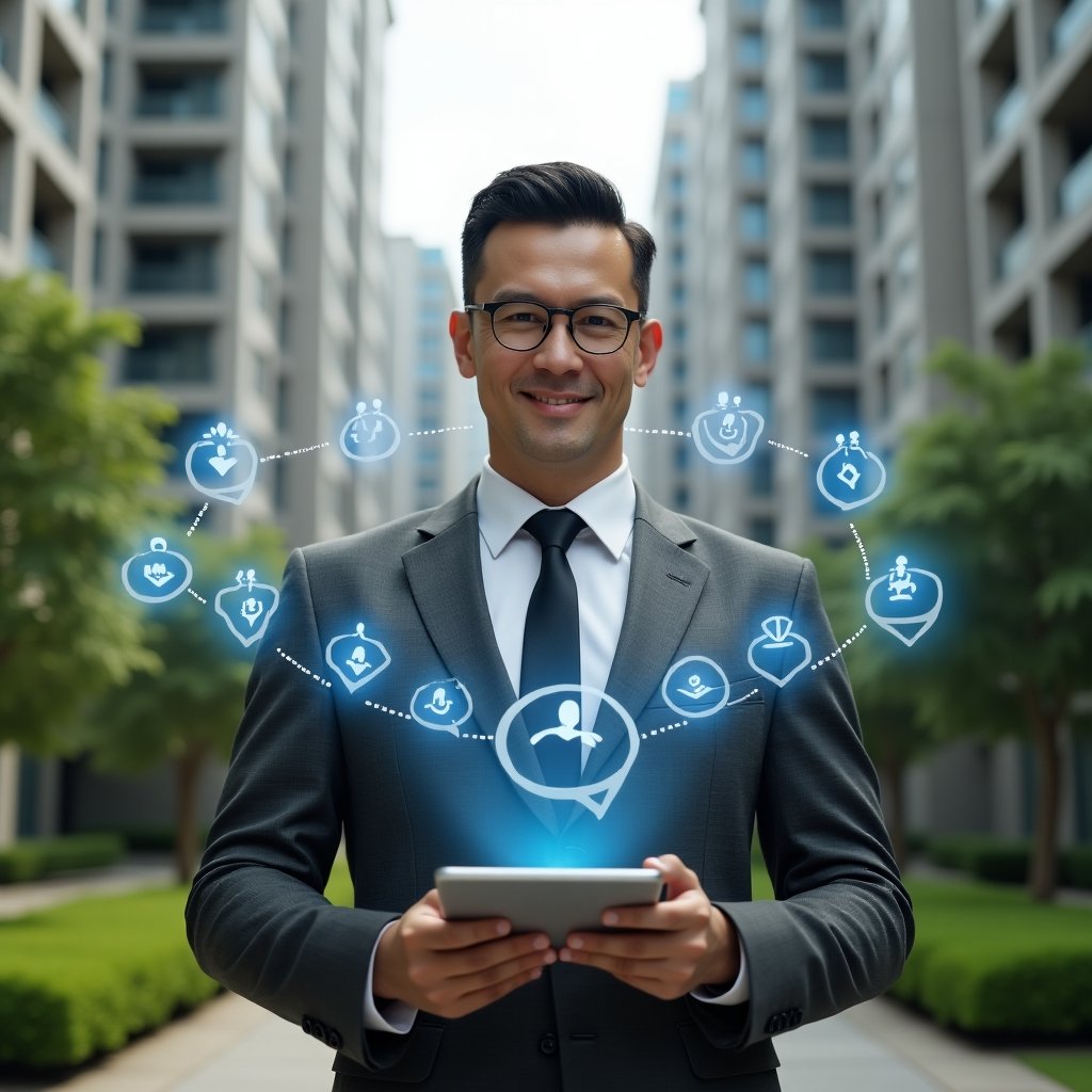 (Ultra-realistic condominium manager in a charcoal gray tailored suit, set in a modern luxury condominium environment with high-rise buildings and lush green landscaping, confidently holding a tablet displaying a digital voting interface and surrounded by holographic icons of residents and committee meetings to symbolize participatory management, cinematic lighting, shallow depth of field, highly detailed textures, realistic skin, photographic realism, 8k resolution --ar 1:1 --v 6)