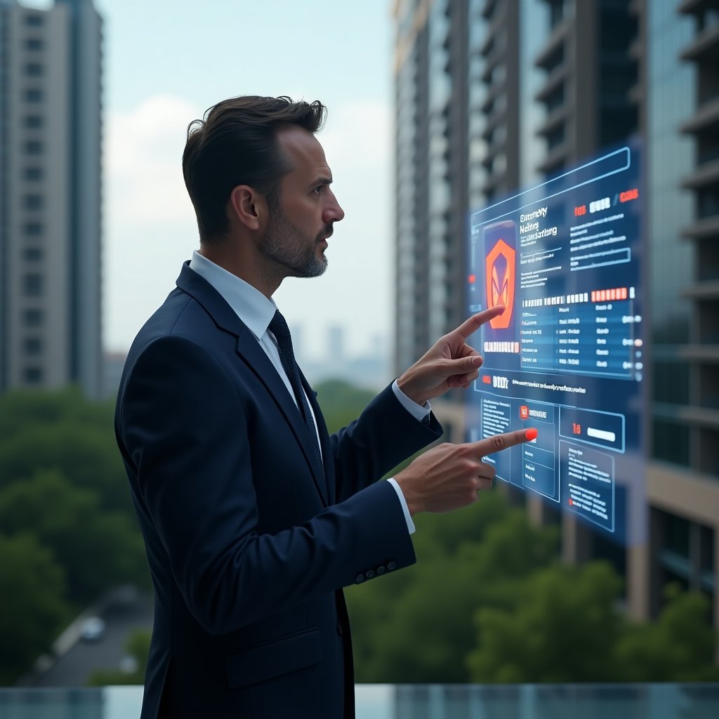 Ultra-realistic condominium manager in a navy business suit, set in a modern luxury condominium environment with high-rise buildings and green landscaping, examining a holographic dashboard of security alerts and access logs with red warning icons floating around, confident expression while pointing at a biometric scanner display, cinematic lighting, shallow depth of field, highly detailed textures, realistic skin, photographic realism, 8k resolution --ar 1:1 --v 6