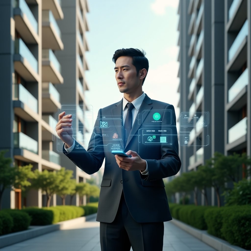 (Ultra-realistic facility manager in a tailored charcoal suit, set in a modern luxury condominium environment with high-rise buildings and lush green landscaping, confidently interacting with a floating holographic interface displaying IoT sensors, energy consumption charts and biometric access icons, cinematic lighting, shallow depth of field, highly detailed textures, realistic skin, photographic realism, 8k resolution --ar 1:1 --v 6)