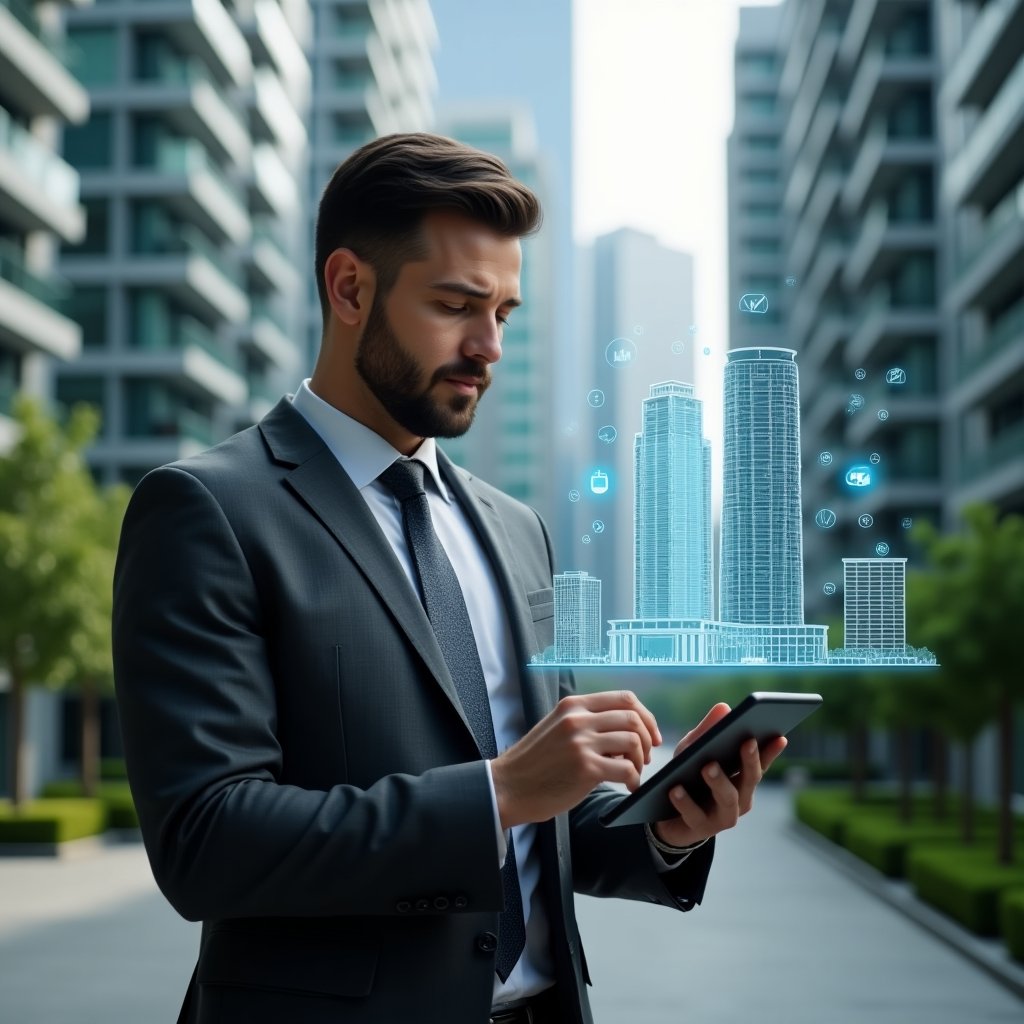 Ultra-realistic condominium manager in a tailored charcoal gray suit, set in a modern luxury condominium environment with high-rise glass buildings and manicured green landscaping, confidently reviewing holographic charts and communication icons projected from a sleek tablet, subtle condominium blueprint hologram floating beside, cinematic lighting, shallow depth of field, highly detailed textures, realistic skin, photographic realism, 8k resolution --ar 1:1 --v 6
