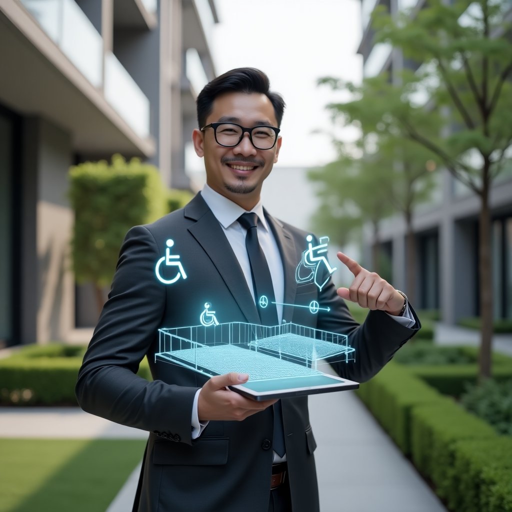 Ultra-realistic condominium manager in a charcoal gray tailored suit, medium shot with focus on the manager, set in a modern luxury condominium environment with high-rise buildings and manicured green landscaping, holding a tablet displaying a 3D hologram of an accessible ramp plan while pointing confidently to wheelchair-friendly pathways, surrounded by floating accessibility icons (wheelchair symbol, tactile paving marker), cinematic lighting, shallow depth of field, highly detailed textures, realistic skin, photographic realism, 8k resolution --ar 1:1 --v 6