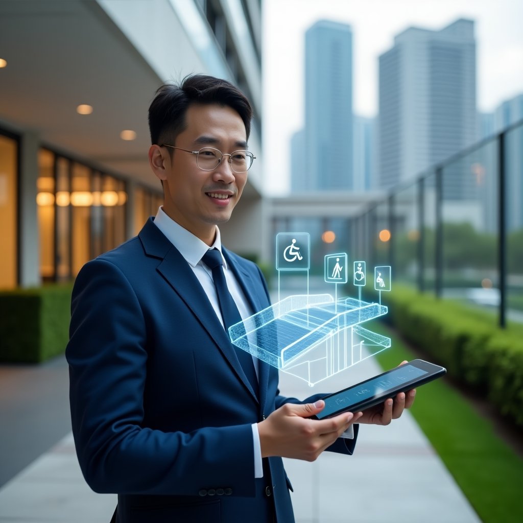 (Ultra-realistic condominium manager in a navy blue business suit, set in a modern luxury condominium environment with high-rise buildings and manicured green landscaping, medium shot of the manager holding a tablet projecting a holographic interface showcasing an app for condo management and a 3D universal design ramp, floating accessibility icons (wheelchair symbol, tactile flooring) symbolizing inclusive design, confident and thoughtful expression, cinematic lighting, shallow depth of field, highly detailed textures, realistic skin, photographic realism, 8k resolution --ar 1:1 --v 6)