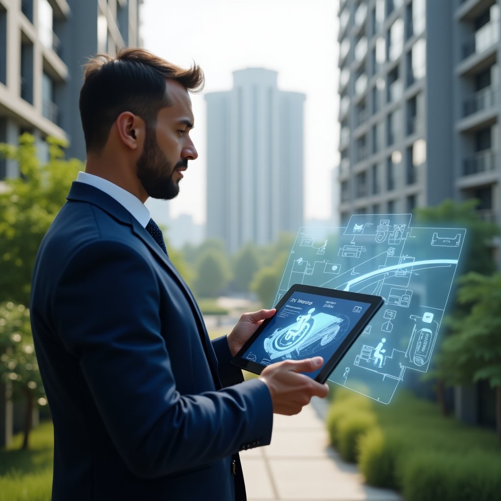(Ultra-realistic condominium manager in a tailored navy-blue suit, set in a modern luxury condominium environment with high-rise buildings and lush green landscaping, holding a tablet projecting a holographic 3D ramp and wheelchair accessibility icons, confidently analyzing inclusive design plans, cinematic lighting, shallow depth of field, highly detailed textures, realistic skin, photographic realism, 8k resolution --ar 1:1 --v 6)