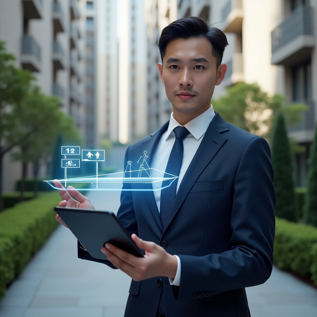 (Ultra-realistic condominium manager in a tailored dark blue suit, set in a modern luxury condominium courtyard with high-rise buildings and manicured greenery, mid-shot of the manager holding a tablet projecting a holographic ramp and braille signage icons, confident and focused expression, cinematic lighting, shallow depth of field, highly detailed textures, realistic skin, photographic realism, 8k resolution --ar 1:1 --v 6)