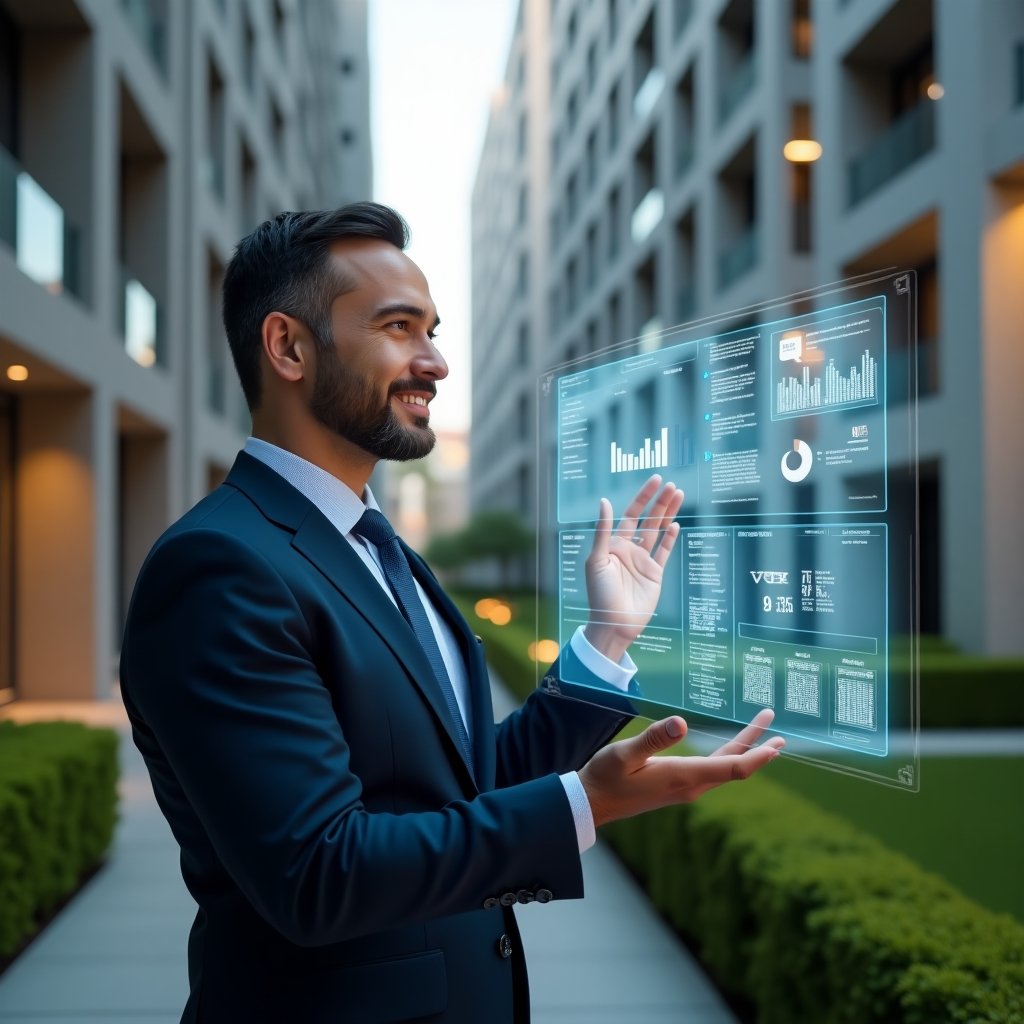 (Ultra-realistic condominium manager in a tailored navy suit, set in a modern luxury condominium environment with high-rise buildings and manicured green landscaping, standing mid-shot while interacting with a floating holographic interface showing workflow charts, calendar icons and chat bubbles, confidently analyzing data with a slight smile, cinematic lighting, shallow depth of field, highly detailed textures, realistic skin, photographic realism, 8k resolution --ar 1:1 --v 6)