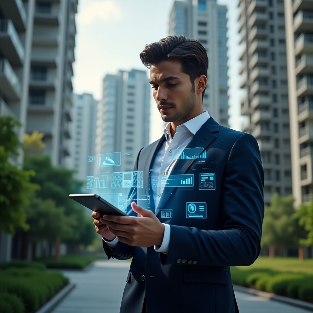 Ultra-realistic condominium manager in a navy-blue tailored suit, set in a modern luxury condominium environment with high-rise buildings and lush green landscaping, medium shot focusing on the manager confidently holding a digital tablet displaying holographic dashboards of financial reports and communication channels, floating icons of charts and message bubbles symbolizing centralization and efficient control, cinematic lighting, shallow depth of field, highly detailed textures, realistic skin, photographic realism, 8k resolution --ar 1:1 --v 6