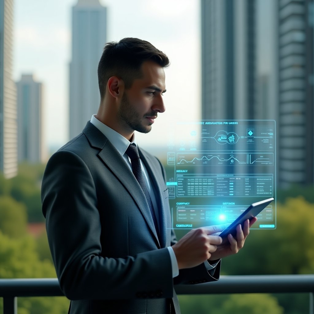 Ultra-realistic condominium manager in a charcoal gray suit, set in a modern luxury condominium environment with high-rise buildings and lush green landscaping, analyzing a holographic dashboard of integrated communication, automated financial charts, and maintenance schedules floating above a tablet, confident and focused expression, cinematic lighting, shallow depth of field, highly detailed textures, realistic skin, photographic realism, 8k resolution --ar 1:1 --v 6