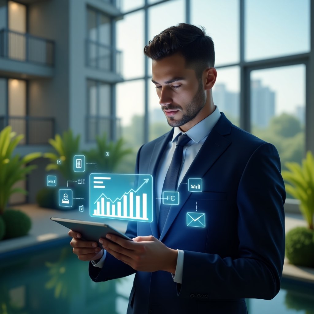 (Ultra-realistic condominium manager in a navy-blue suit, set in a modern luxury condominium environment with high-rise buildings and lush green landscaping, analyzing a holographic budget dashboard on a tablet, surrounded by floating app icons representing payment reminders and digital communication, cinematic lighting, shallow depth of field, highly detailed textures, realistic skin, photographic realism, 8k resolution --ar 1:1 --v 6)
