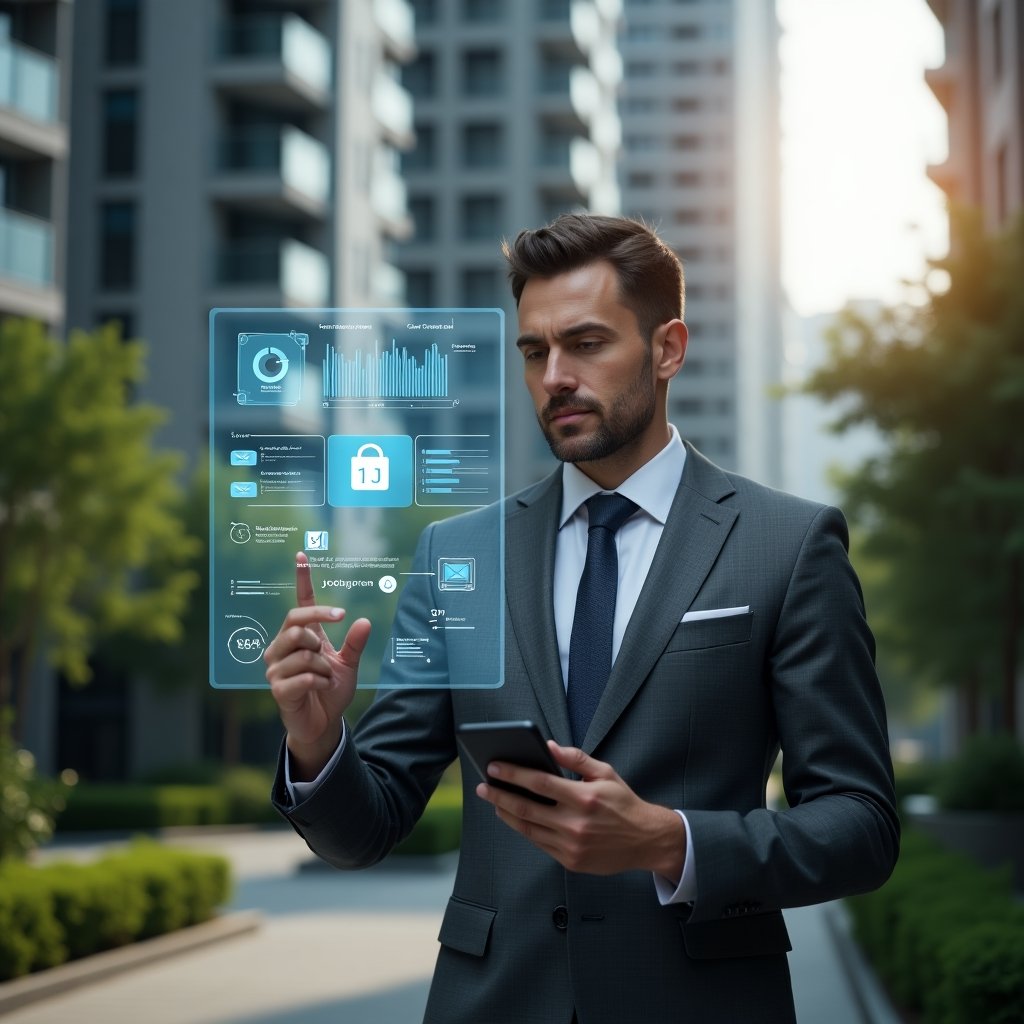 (Ultra-realistic condominium manager in a charcoal gray suit, set in a modern luxury condominium environment with high-rise buildings and lush green landscaping, mid-shot of a confident professional holding a smartphone and gesturing toward a holographic dashboard of financial charts and chat bubbles, floating icons for payments, messages, and security scanning around, cinematic lighting, shallow depth of field, highly detailed textures, realistic skin, photographic realism, 8k resolution --ar 1:1 --v 6)