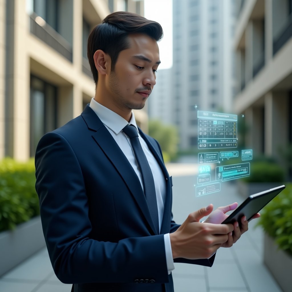 (Ultra-realistic condominium manager in a tailored navy blue suit, set in a modern luxury condominium environment with high-rise buildings and lush green landscaping, medium shot of professional holding a tablet projecting a holographic dashboard with reservation calendar, automated billing icons and chat bubbles, confident and focused expression, cinematic lighting, shallow depth of field, highly detailed textures, realistic skin, photographic realism, 8k resolution --ar 1:1 --v 6)