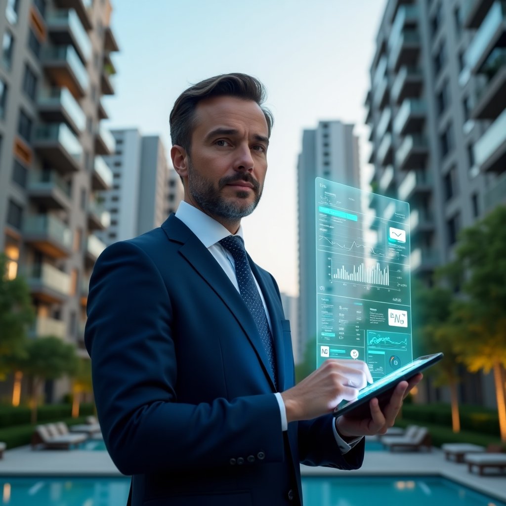 (Ultra-realistic condominium manager in a navy blue suit, set in a modern luxury condominium environment with high-rise buildings and lush green landscaping, holding a tablet displaying floating holographic charts and messaging icons symbolizing transparent finance and communication, looking confident and focused, cinematic lighting, shallow depth of field, highly detailed textures, realistic skin, photographic realism, 8k resolution --ar 1:1 --v 6)
