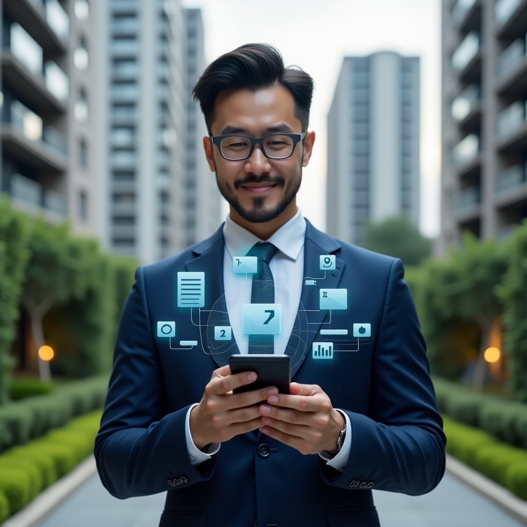 (Ultra-realistic condominium manager in a navy blue suit, set in a modern luxury condominium environment with high-rise buildings and manicured green landscaping, holding a smartphone at chest level with floating holographic icons of chat bubbles, calendar slots, and financial graphs, conveying confidence and innovation, cinematic lighting, shallow depth of field, highly detailed textures, realistic skin, photographic realism, 8k resolution --ar 1:1 --v 6)